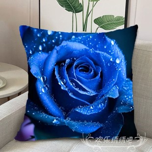 蓝色妖姬抱枕十字绣满绣客厅沙发靠垫，玫瑰花卉图案刺绣手工绣