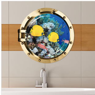 3D立体海洋世界贴纸海豚鱼群浴室墙面装饰墙贴儿童房圆形船窗贴画