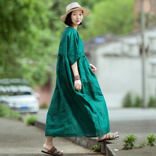 如初/小素原创设计 亚麻连衣裙墨绿色圆领长款宽松文艺旅行袍子JJ