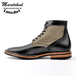 luosjietstichdown工艺，头层牛皮帆布拼接复古工装，靴尖头马丁靴