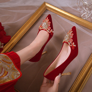 法式水钻婚鞋新娘鞋红色高跟鞋2024敬酒中式秀禾服结婚鞋单鞋