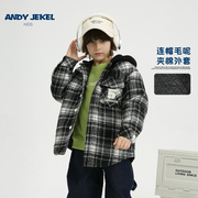 安迪杰克尔男童夹棉外套连帽儿，童羊毛呢加厚衬衫，保暖棉服冬装
