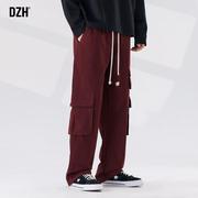 男士hiphop工装裤秋季男美式酒红色裤子设计感高级休闲直筒裤宽松