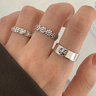 韩版s925银小雏菊戒指女复古甜美花朵开口指环，嘻哈创意ins食指戒