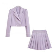 2023春季欧美风，ins淡紫色双排，扣短款西装裙子套装