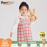 pawinpaw卡通小熊童装，2024年春季女宝淑女长袖，格纹拼接连衣裙