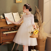 女童公主裙白色中袖蓬蓬网纱婚礼服，六一儿童走秀钢琴演出服婚纱裙