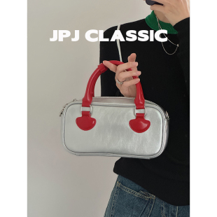 jpjclassic牛皮撞色保龄球包女单肩斜挎手提包可爱小方包ins