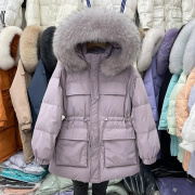 韩国白鸭绒(白鸭绒)收腰加厚紫色羽绒服女中长款小个子，大毛领连帽工装外套
