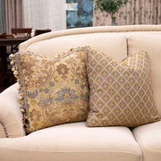 美式皮沙发抱枕靠垫套复古进口流苏靠枕样板房，金色湖绿菱形组合