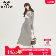 keiko兔子绣花灰色针织连衣裙春季辣妹显瘦鱼尾，长裙打底毛衣裙(毛衣裙)