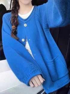 克莱因蓝色毛衣女春秋季宽松外穿上衣外套韩系软糯慵懒风针织开衫