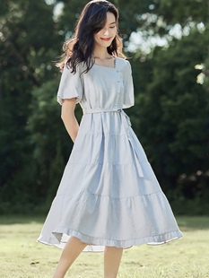 茵曼法式方领短袖连衣裙女士2023年夏季纯棉收腰裙子小个子