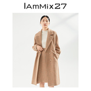 IAmMIX27冬季毛呢外套女时尚个性千鸟格中长款全羊毛西装领大衣女