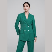 女士小西装2023商务西服外套职业修身长袖双排扣通勤绿色纯色