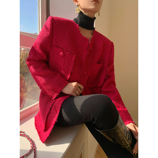 wangxo玫红色设计感小香风，外套女2023年冬季时尚显瘦百搭呢子大衣