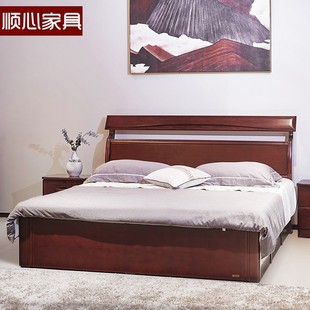 新中式水曲柳实木高抽箱体，床琥珀红色1.8m储物双人床，婚床实木大床