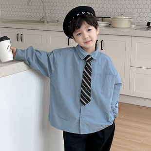 男童衬衫春季儿童童装，衬衣韩版领带学院风蓝色，男宝宝表演上衣
