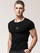 夏季短袖t恤男士纯棉修身体恤，纯黑白色紧身打底衫半袖上衣服潮流
