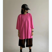 韩国男女同款纯色基本款街头圆领OS高街潮流落肩五分短袖T恤