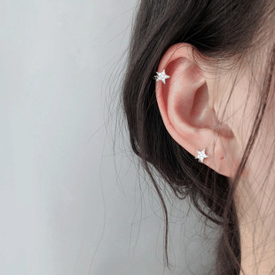 迷你五角星耳骨有耳洞耳扣s925纯银镀白金，小巧耳圈简约精致耳环女