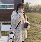 2021冬季韩版羊羔豹纹毛绒绒短款大衣仿獭兔毛皮草棉服外套女