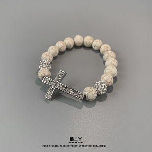 玛丽苏镶钻(苏镶钻)十字架，串珠手链小众，设计松石弹性手环桃心珍珠手表手镯
