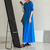菲尔丹克莱因蓝圆领短袖长T裙 高个子超长裙垂感柔棉连衣裙E30205