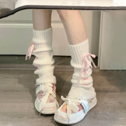 交叉绑带袜套日系可爱jk袜子女中筒针织蝴蝶纹腿套白色堆堆袜