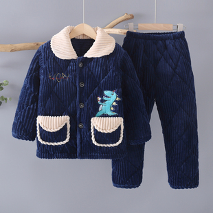 冬季儿童睡衣加绒加厚款法兰绒男童男孩宝宝珊瑚绒夹棉家居服套装