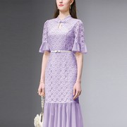 2024夏季气质优雅立领新中式，盘扣修身浅紫蕾，丝网纱连衣裙