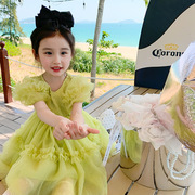 韩版女童2023夏季蓬蓬，礼服连衣裙绿色洋气，甜美蛋糕公主裙潮