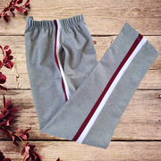 统一定制浅灰加绒保暖校服裤子1.5cm宽杠前白后红宽松学生运动裤
