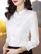 中国风白色衬衫女长袖立领，民族春秋洋气上衣，打底衬衣盘扣小衫