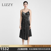 lizzy秋季轻奢女装重磅，双色真丝缎，手工钉珠不对称吊带连衣裙长裙