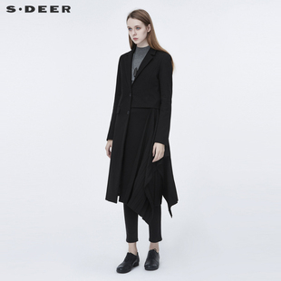 sdeer圣迪奥春装女装平驳领不规则风琴褶黑色长款大衣S20381826