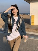 时尚女装~2023春季韩版港式复古做旧牛仔外套+条纹披肩女