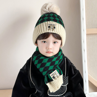 儿童帽子秋冬款男孩韩版男童女童针织套头帽毛线帽围巾两件套装冬