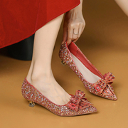 红色亮片婚鞋女细跟法式3厘米小跟不累脚尖头高跟鞋蝴蝶结伴娘鞋