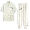 夏季唐装套装男中国风棉麻短袖上衣男中式改良复古仙鹤刺绣上衣