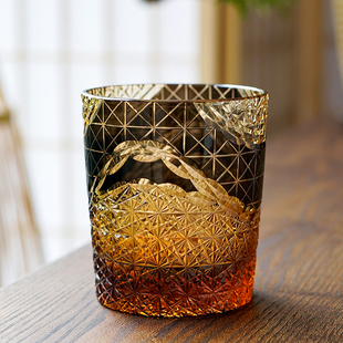 江户切子威士忌酒杯，捷克波西米亚风格，纯手工雕刻玻璃日式洋酒杯
