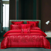婚庆四件套大红床上用品结婚被套贡缎刺绣蕾丝婚房喜事床品八件套
