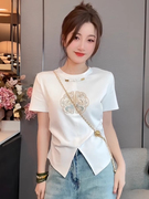 新中式收腰短袖t恤女夏季2024中国风盘扣不规则开叉短款上衣
