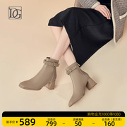 商场同款羊皮法式粗跟时装，短靴女2023秋冬真皮方头高跟及踝靴