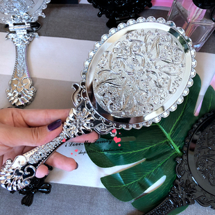 韩国产明星同款 全智贤公主复古手柄镜 折叠镜 银色圆形精致