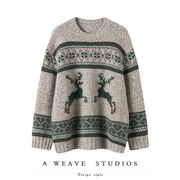 绒暖斯特〓绒+〓复古咖绿配色加厚羊绒衫粗针大克重冰岛毛衣女冬
