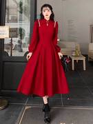 新中式改良旗袍酒红色连衣裙，女秋冬法式高级回门敬酒订婚礼服长裙