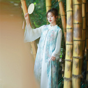 薄荷春新中式国风旗袍领连衣裙女夏季白色长裙蓝色开衫两件套