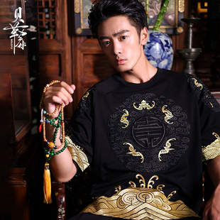 贝勒府原创设计夏季刺绣金蝙蝠(金蝙蝠)t恤国潮，短袖男女潮流青年中国风新