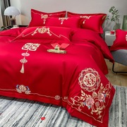 高档中式全棉结婚四件套，大红色床单被套纯棉婚庆，床上用品婚房喜被